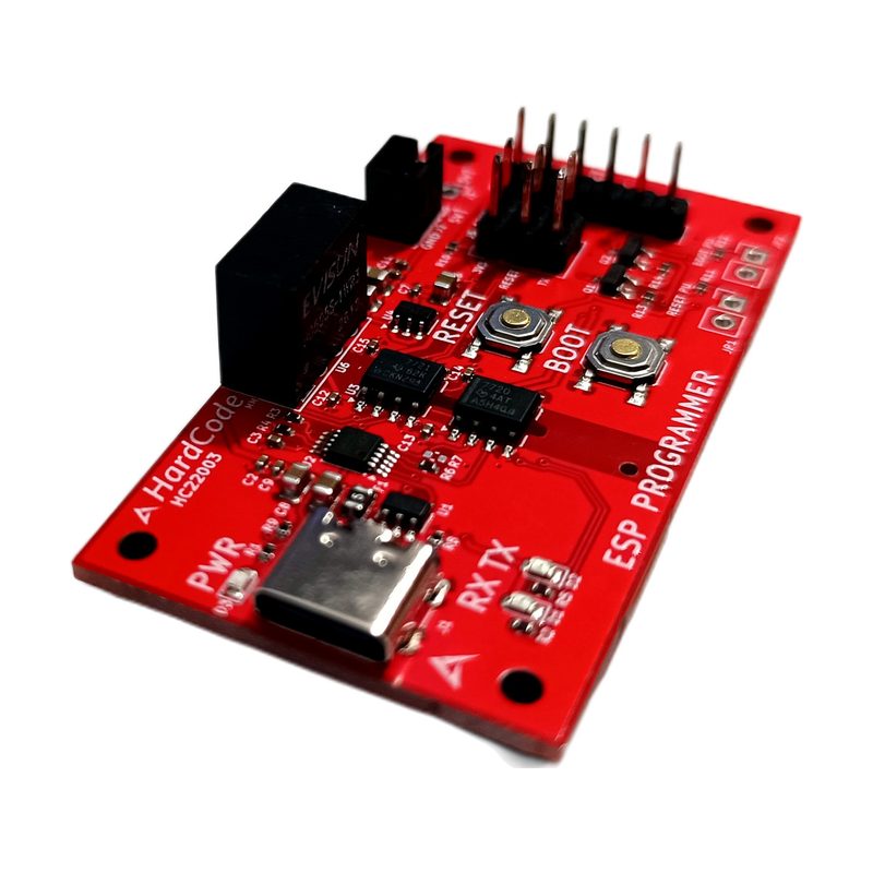 Red HardCode galvanically isolated USB-C ESP Programmer board with USB-C port, RESET and BOOT buttons and pin headers