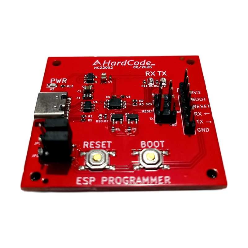 Red HardCode USB-C ESP Programmer board with USB-C port, RESET and BOOT buttons and a target pin header